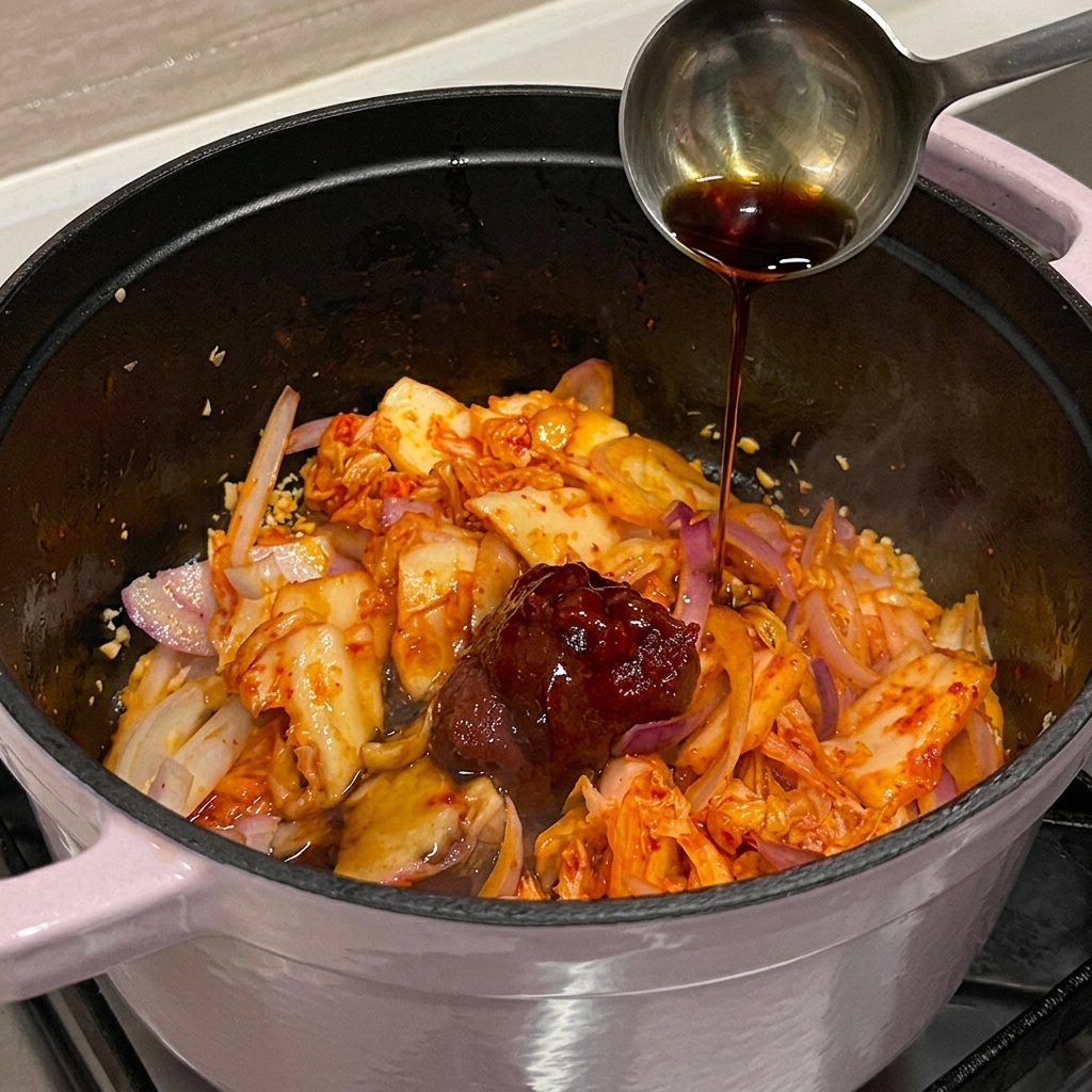 볶은 김치와 양파가 담긴 냄비에 진한 색의 양념장을 국자로 붓는 모습.