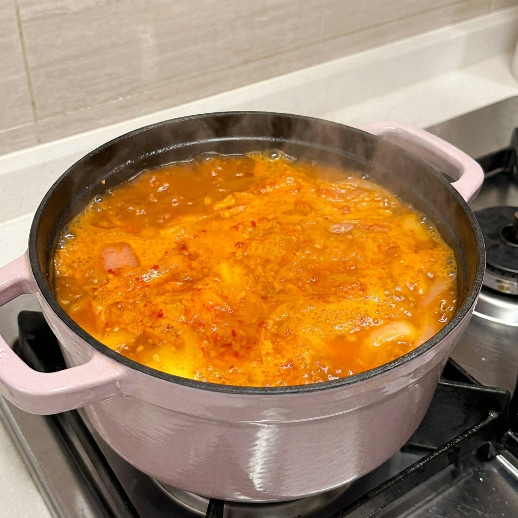 보글보글 끓고 있는 김치찌개 냄비 위에 분홍색 뚜껑을 덮는 모습.