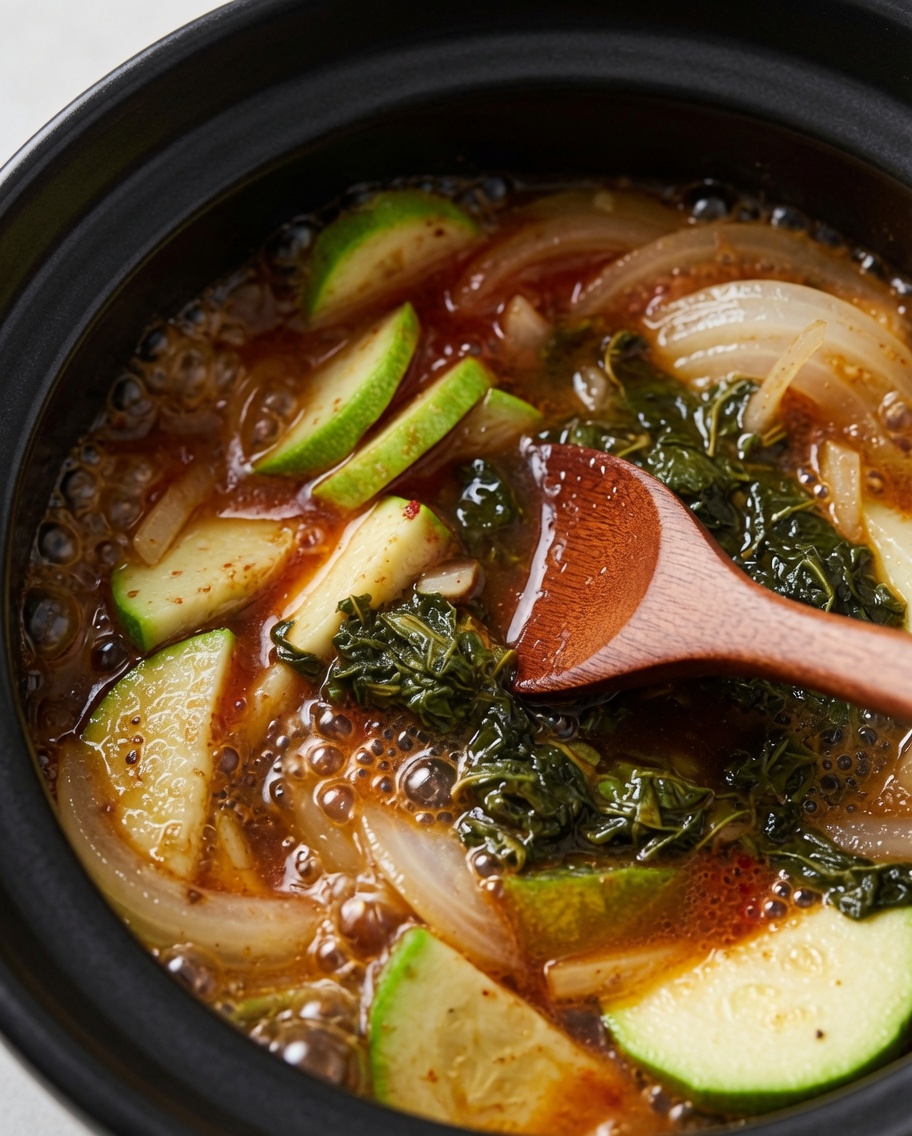 팔팔 끓는 찌개에 깻잎과 소고기 다시다를 넣는 모습.