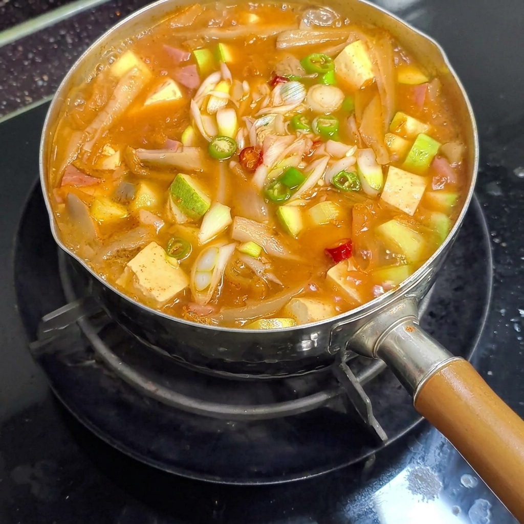 두부, 애호박, 신선한 고추가 듬뿍 들어간 먹음직스러운 된장찌개를 마지막으로 젓는 클로즈업.