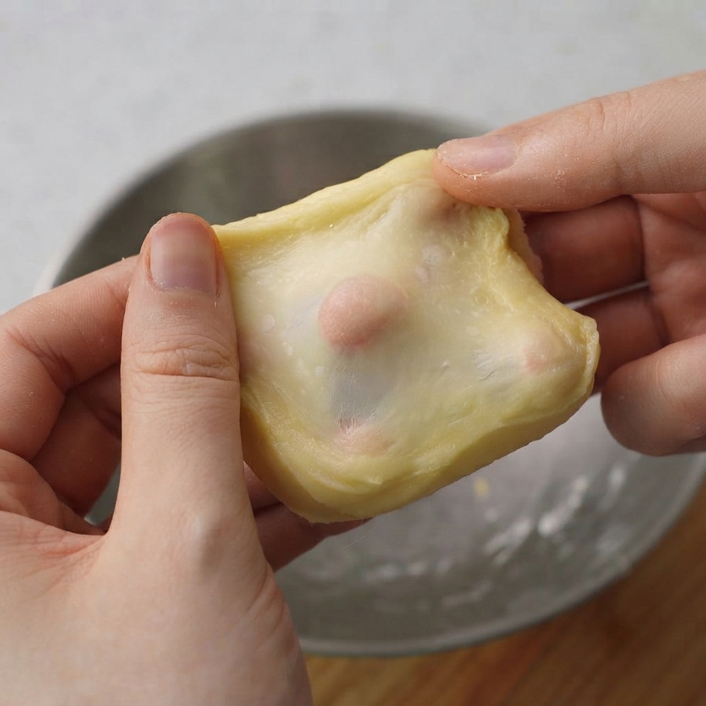 부드러운 반죽의 일부를 손으로 늘려 투명한 글루텐 막을 보여주는 모습.