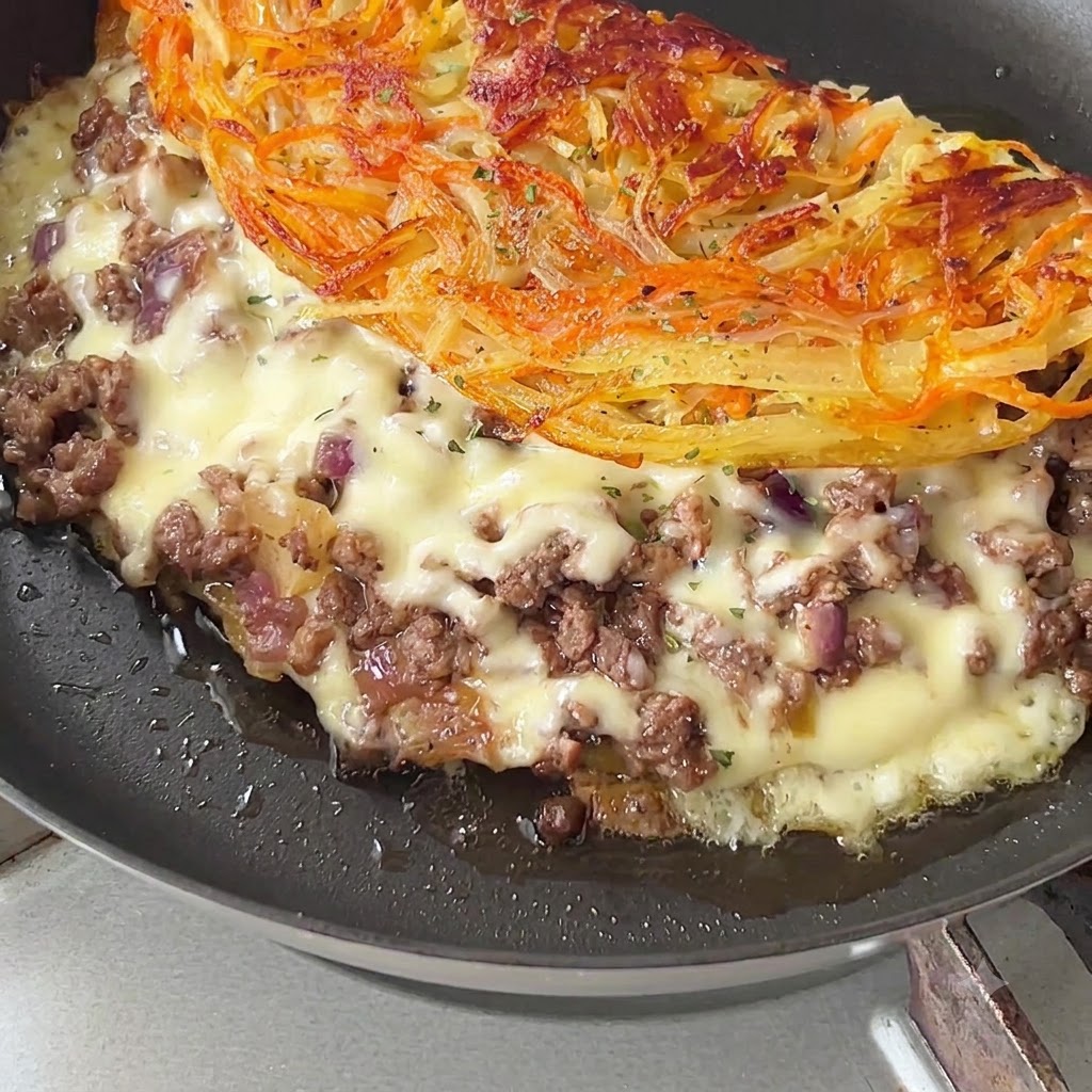 치즈가 먹음직스럽게 흘러내리는 팬 안의 다 익은 반달 모양 감자전에 다진 파슬리가 뿌려진 모습.