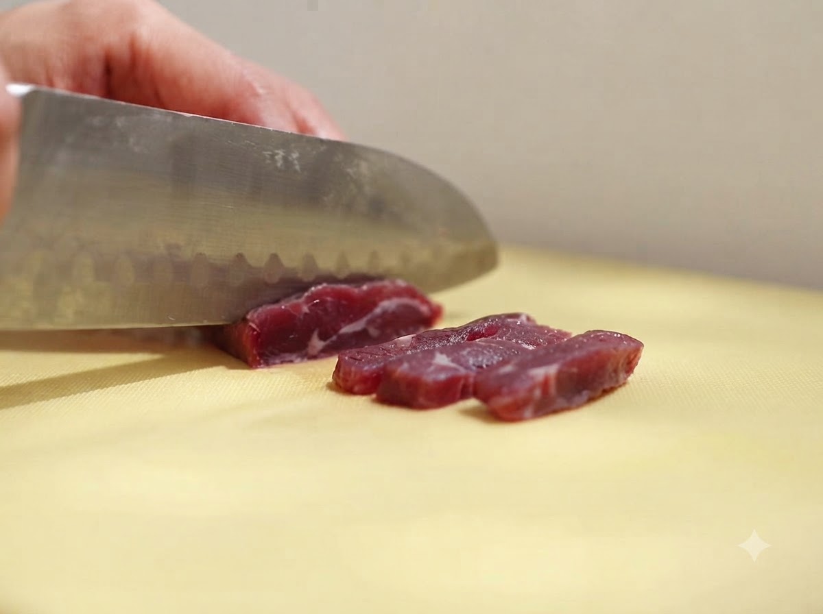 노란색 도마 위에서 날카로운 칼로 생고기를 작은 가늘게 썰고 있는 모습.