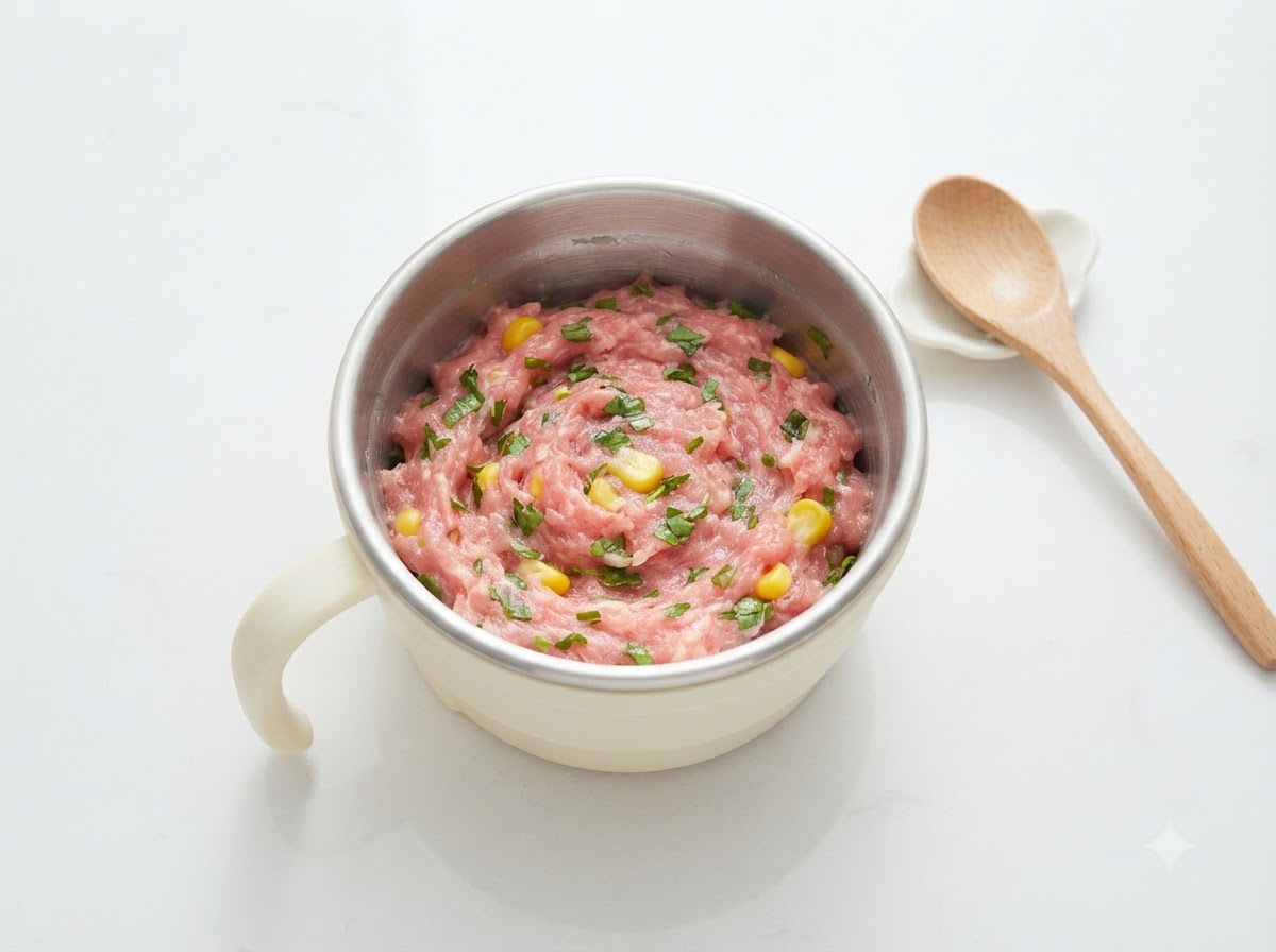 컵 안에 담긴 다진 고기 반죽에 옥수수 알갱이, 다진 녹색 채소, 백색 전분 가루를 넣는 모습.