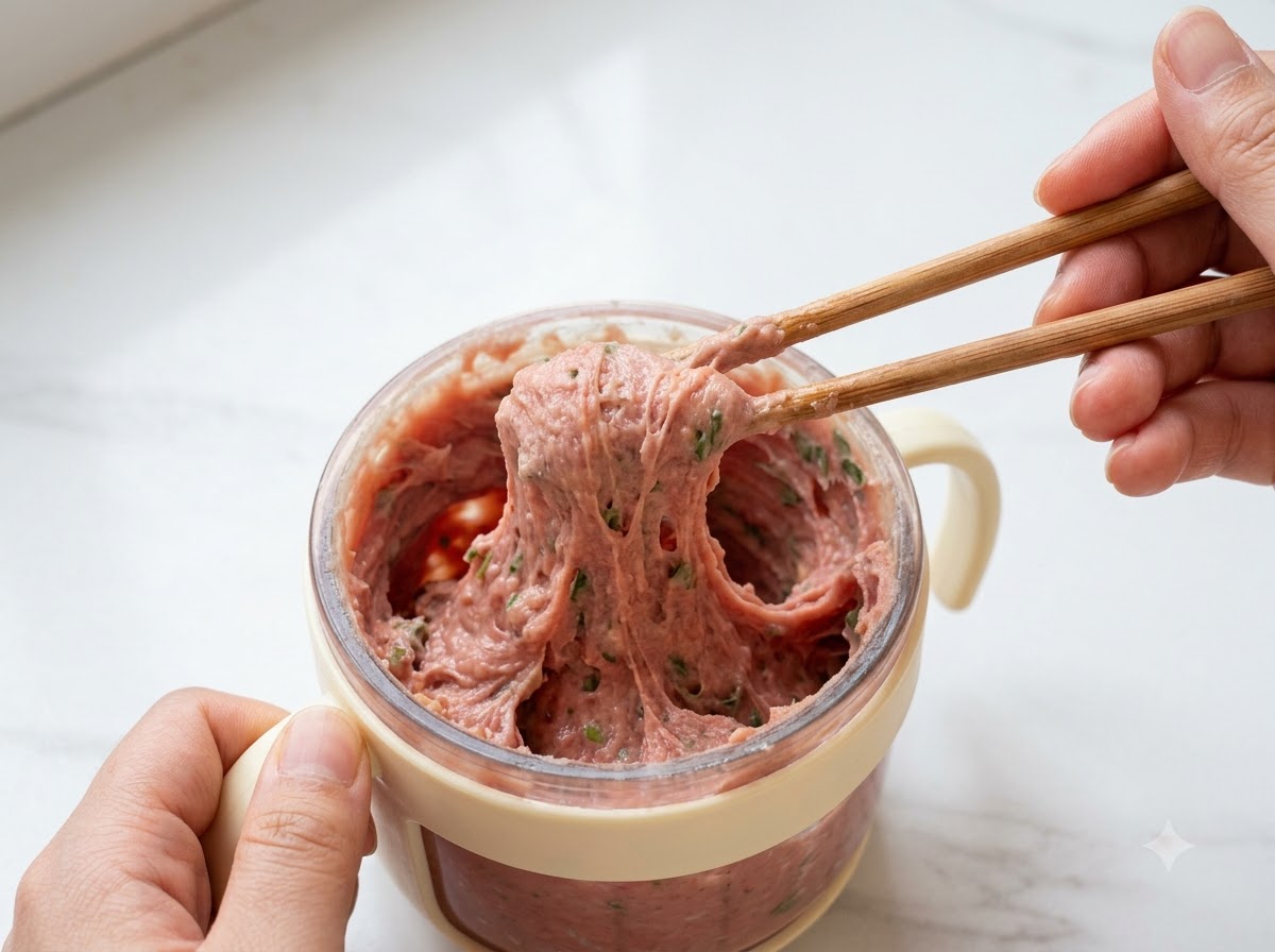 나무젓가락을 사용하여 고기 반죽을 골고루 휘저어 섞는 모습.