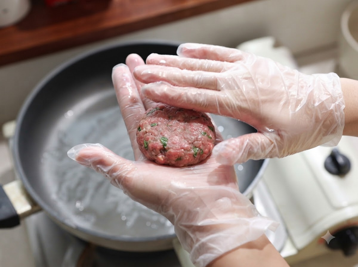 장갑을 낀 손바닥 위에서 고기 반죽 일부를 동글동글한 작은 패티 모양으로 빚고 있는 모습.