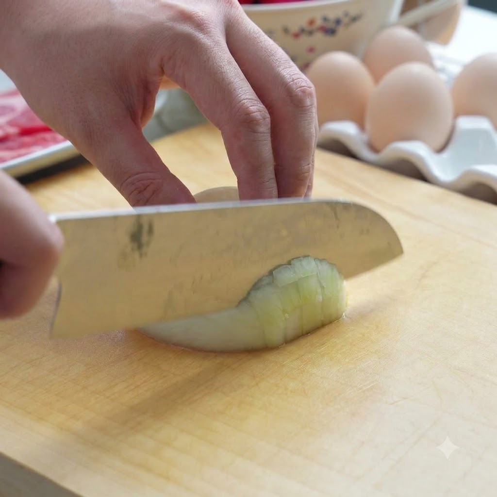 날카로운 칼을 사용하여 나무 도마 위에서 양파를 작은 조각으로 세심하게 썰고 있는 모습.