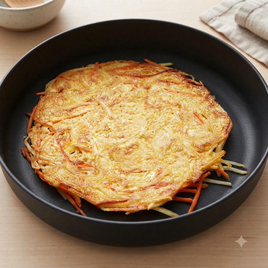 검은색 팬에 놓여 있는 요리된 감자전의 모습.