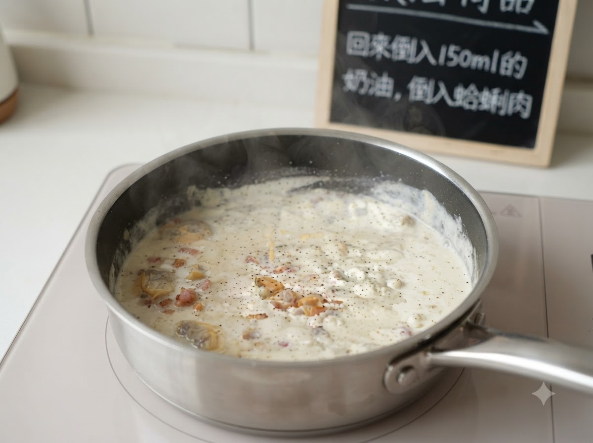 흑후추로 간을 하고 조개살을 더할 준비가 된 크리미한 수프 혼합물이 담긴 팬.