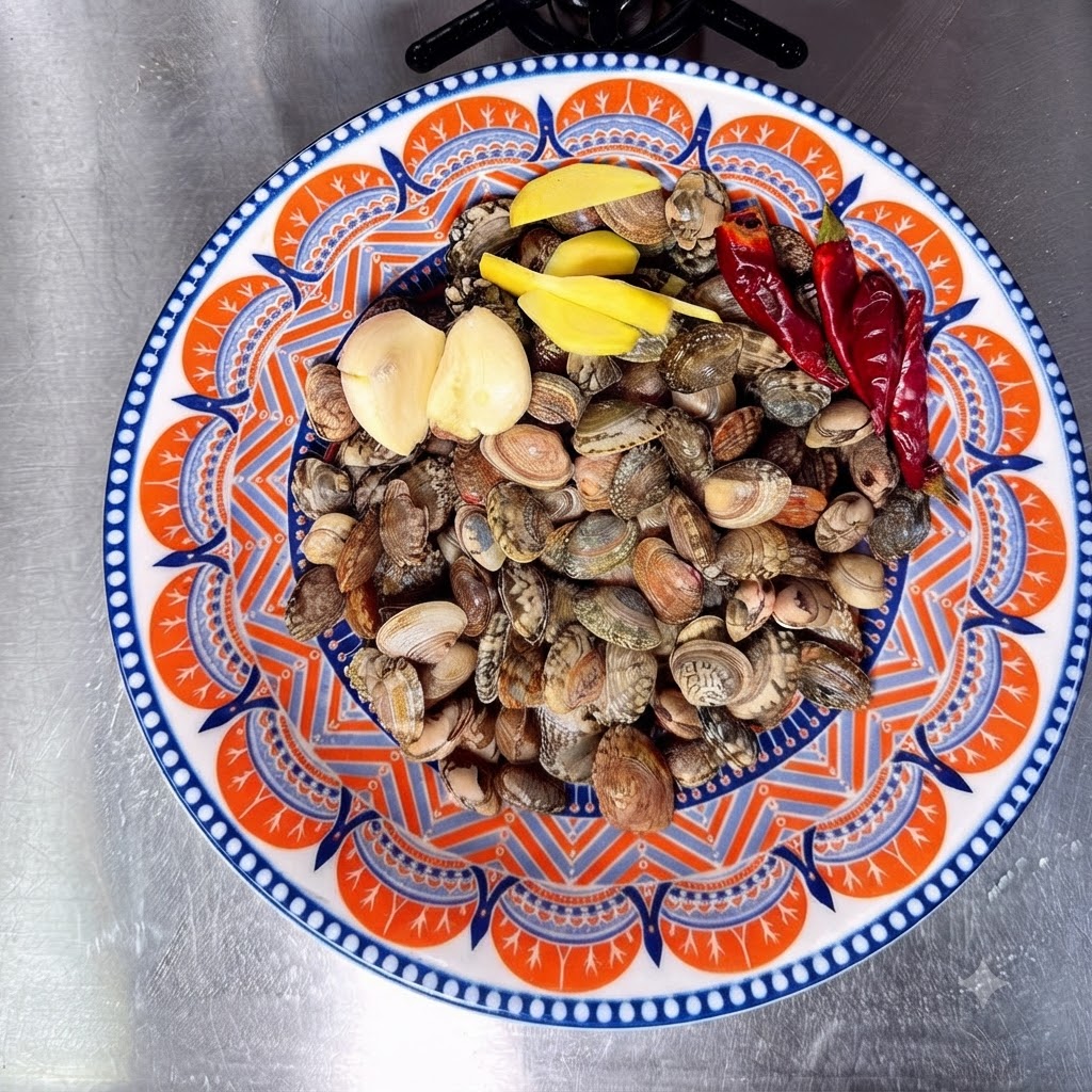 밝은 무늬의 접시에 깨끗이 씻은 조개, 편 썰은 생강, 마늘, 통마른고추가 보기 좋게 담겨 있는 모습.