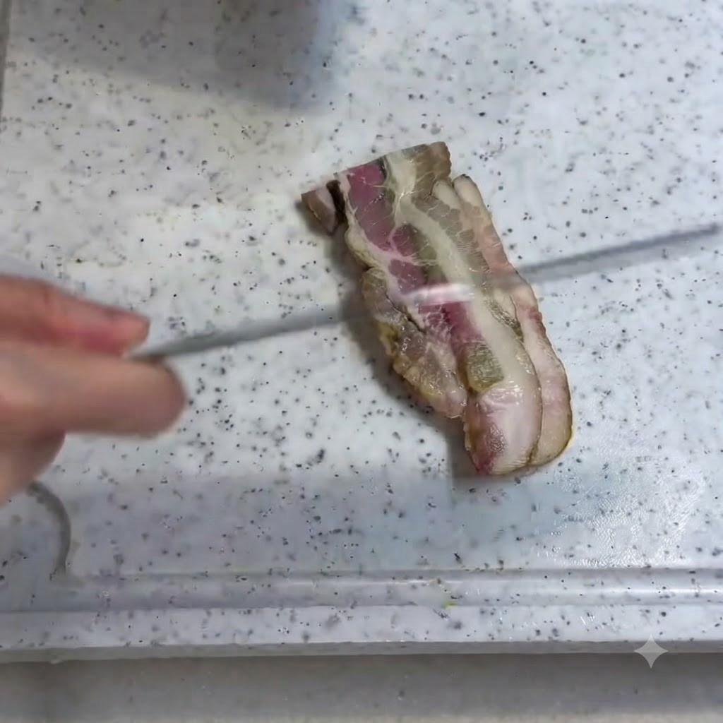 하얀 도마 위에서 베이컨 한 줄을 썰고 있는 모습.