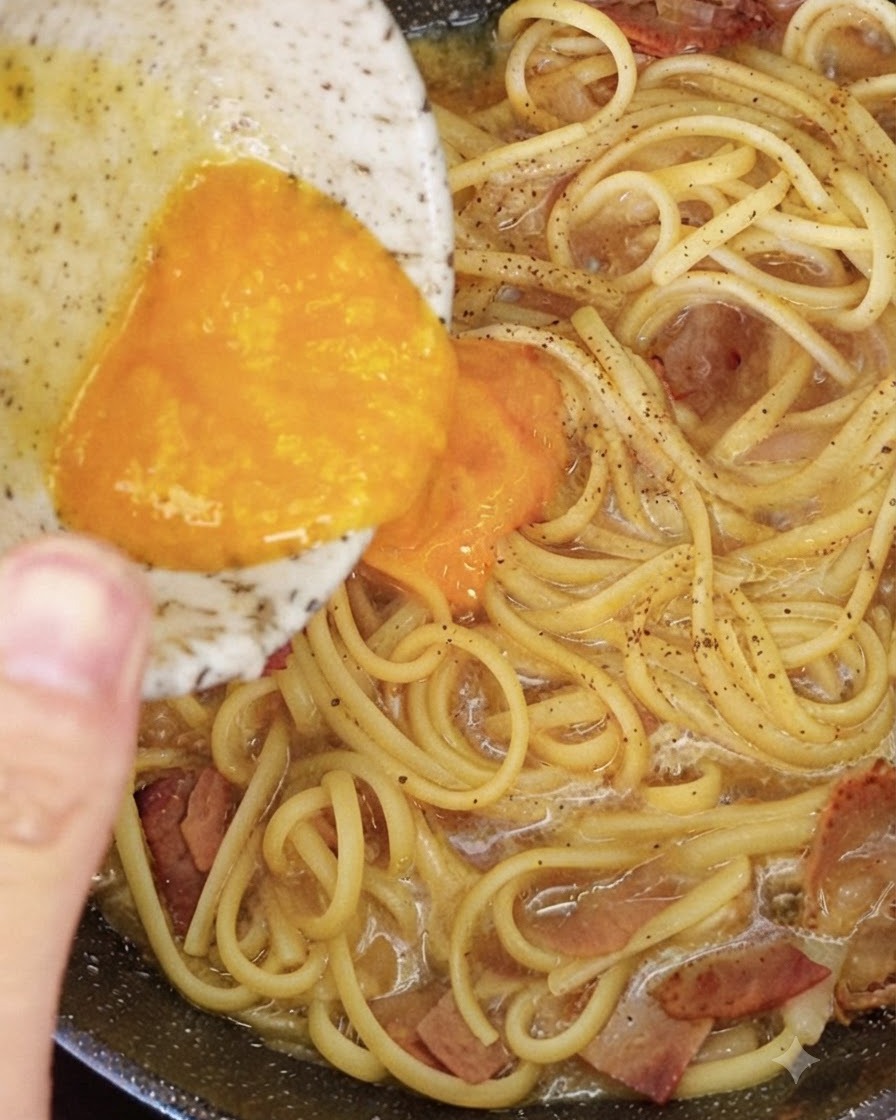 노란 치즈와 달걀노른자 혼합물이 담긴 그릇의 내용물을 팬 안의 따뜻한 스파게티와 베이컨 위로 붓는 모습.