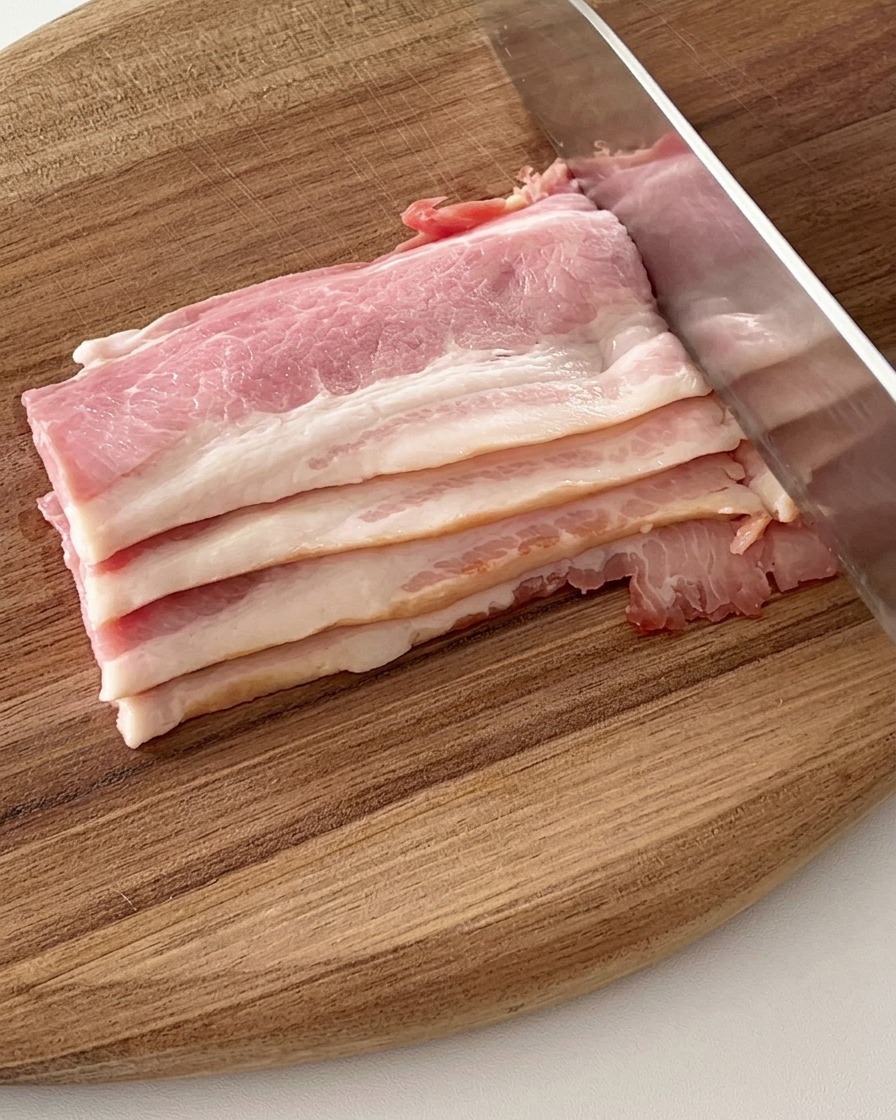 칼을 이용해 나무 도마 위에서 더 작은 크기로 썰리고 있는 베이컨 스트립.