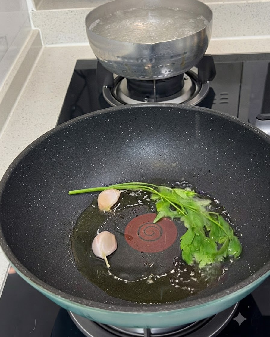 팬 안의 올리브 오일 속에서 손질된 생조개, 껍질을깐 마늘 두 쪽, 신선한 초록색 파슬리 한 줄기가 놓여 있는 모습.