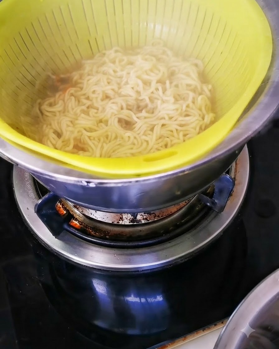 금속 볼 위에 놓인 노란색 채반에 담겨 있는 익은 스파게티.
