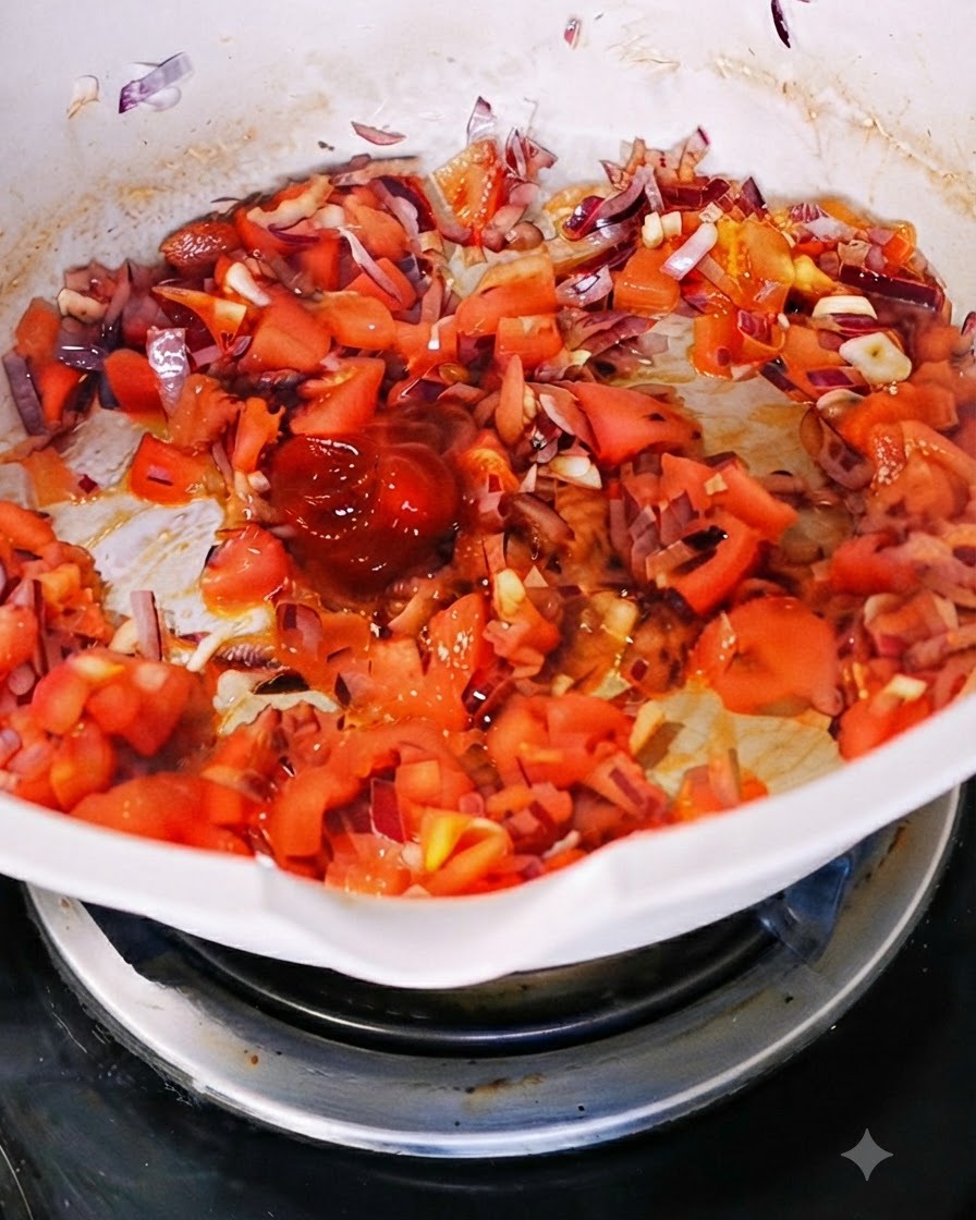 조리용 팬의 토마토와 양파 혼합물에 진한 토마토 페이스트 한 숟가락을 넣는 모습.