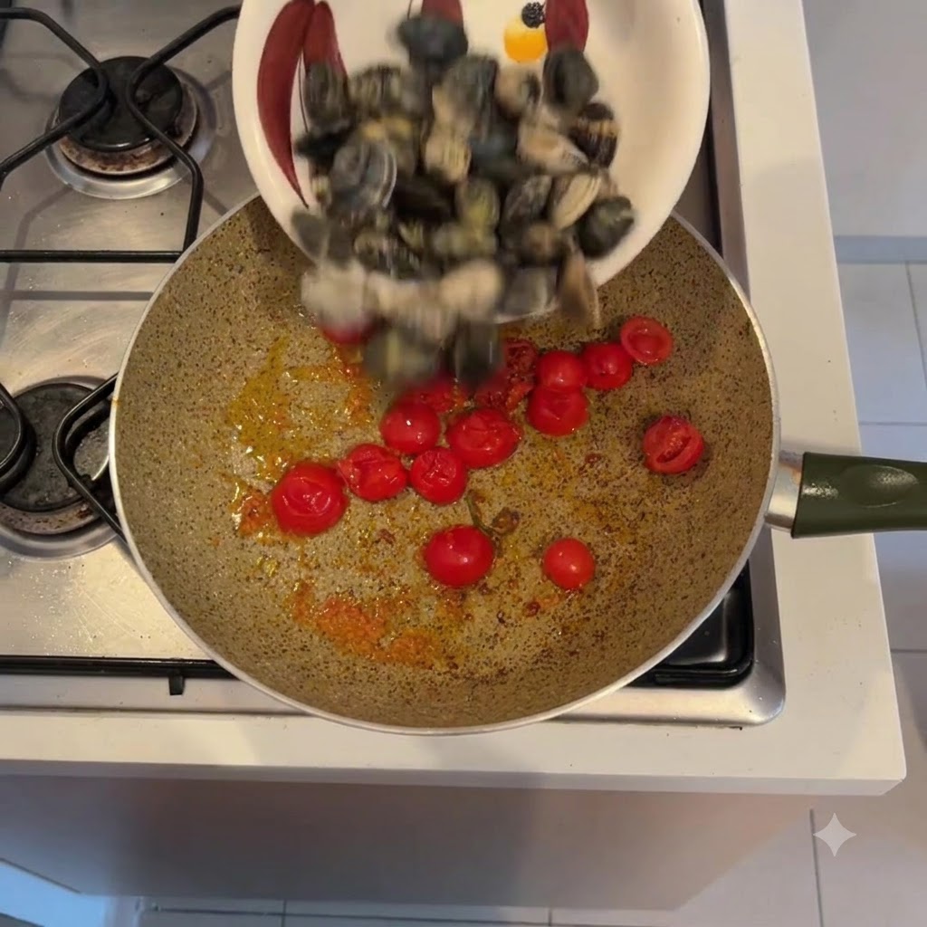 기름에 끓고 있는 방울토마토 팬 위로 그릇에 담긴 신선한 통조개를 붓는 모습.