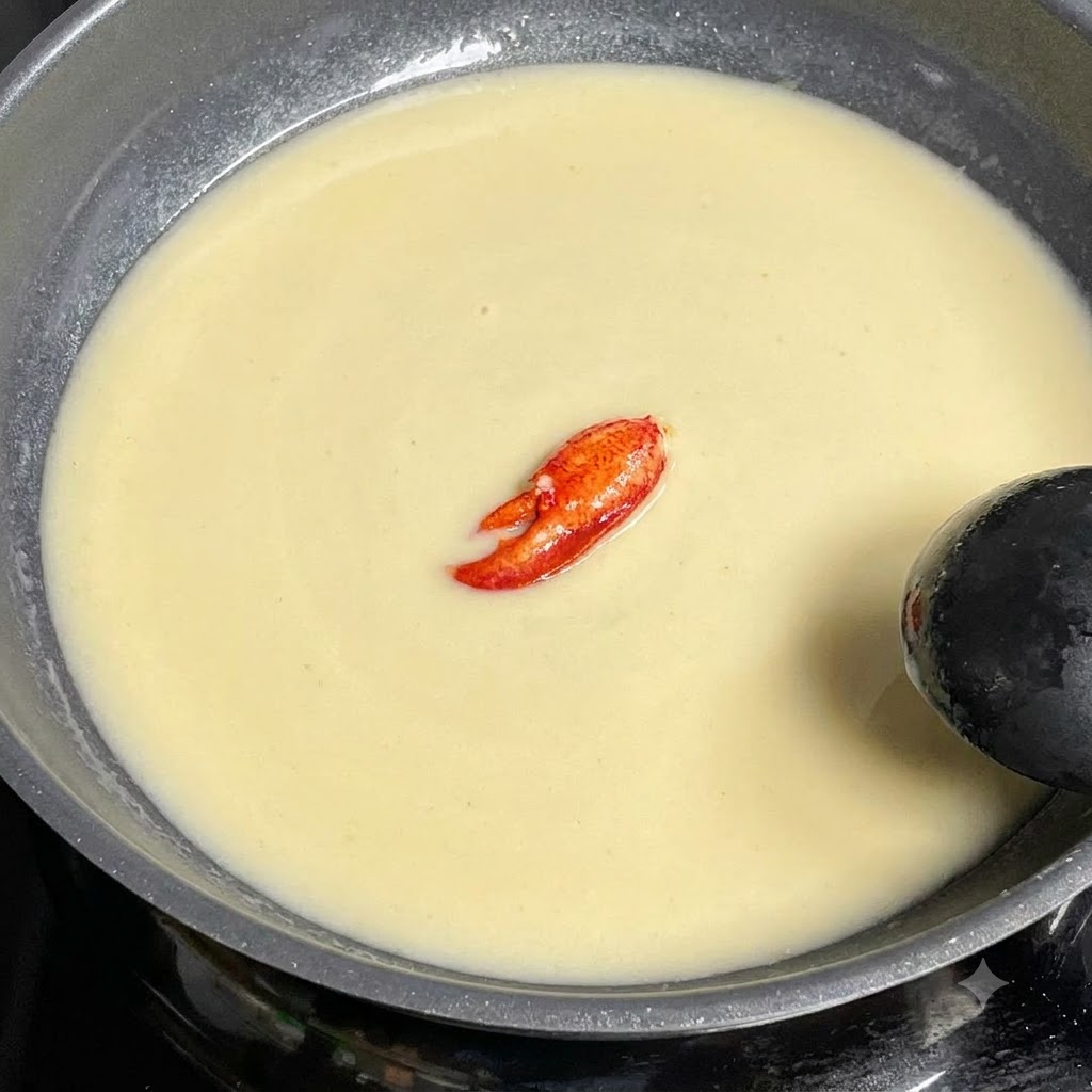 팬에서 끓고 있는 조개 육수 위에 풍부한 어란을 한 스푼 올린 모습.
