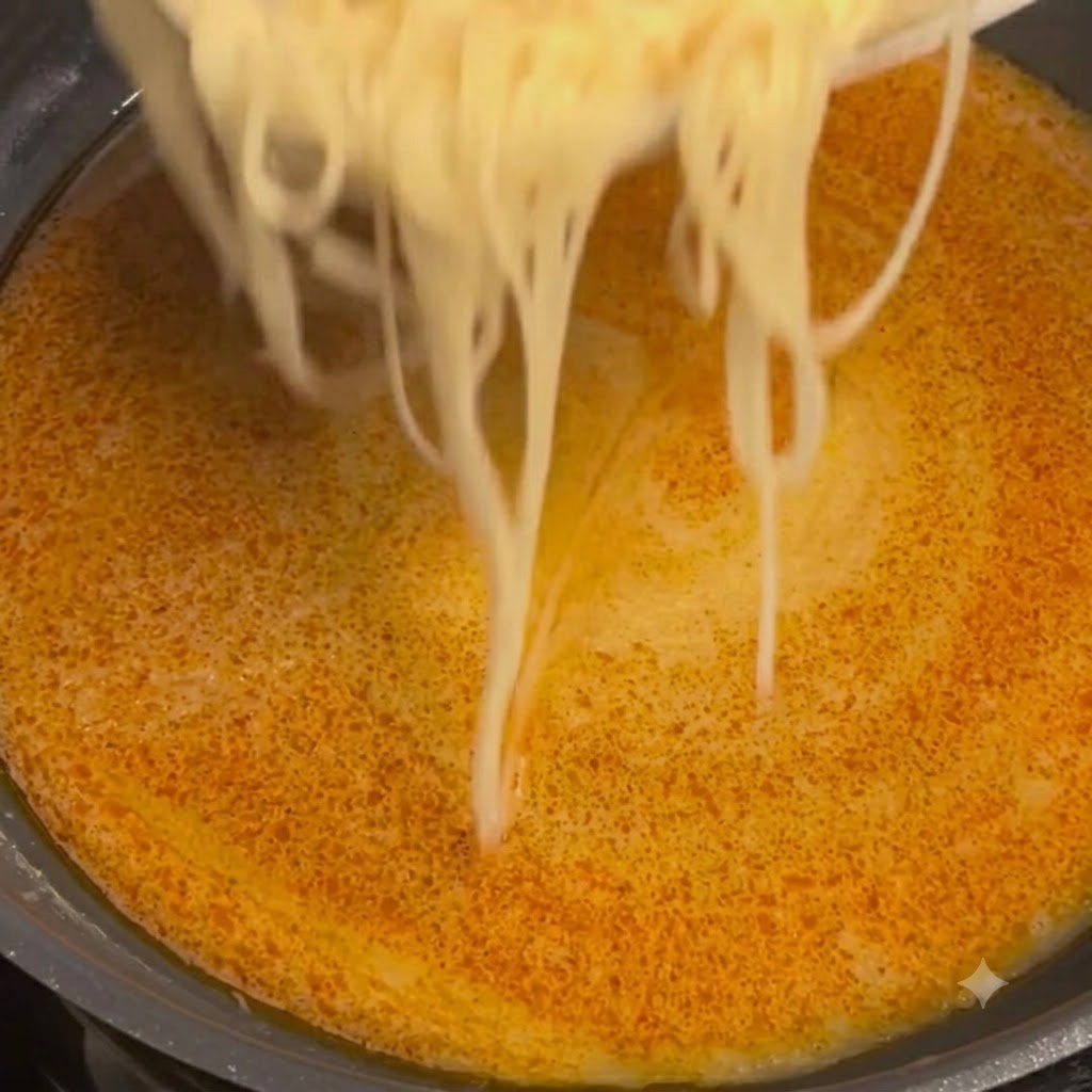 갓 삶아낸 파스타 면을 크리미한 주황빛 조개 및 어란 버터 소스가 지글거리는 팬으로 옮기는 모습.