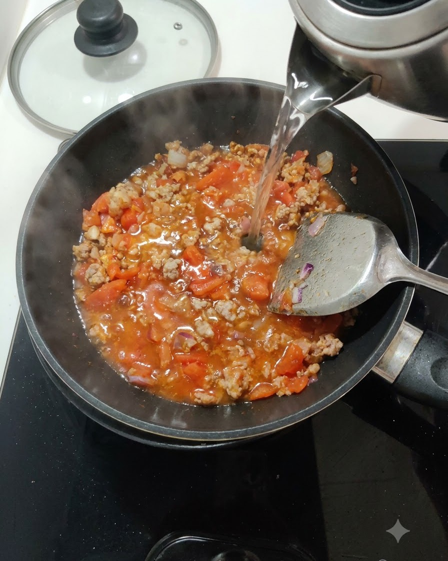 은색 주전자에서 토마토와 고기가 담긴 팬으로 맑은 물을 붓는 모습.