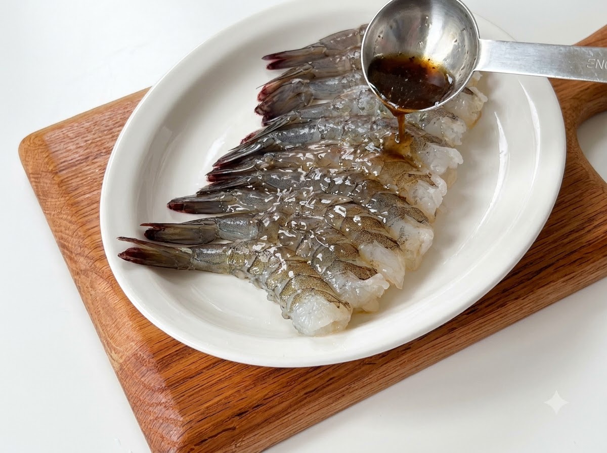 하얀 접시에 나란히 놓인 생새우 위로 계량스푼을 이용해 맛술을 붓는 모습.