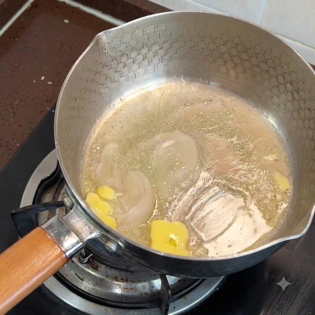 가스레인지 위 불에 달궈진 팬에서 버터 한 조각이 녹고 있는 모습.