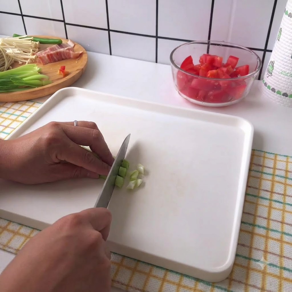 하얀 도마 위에서 대파를 조심스럽게 썰고 있는 손.