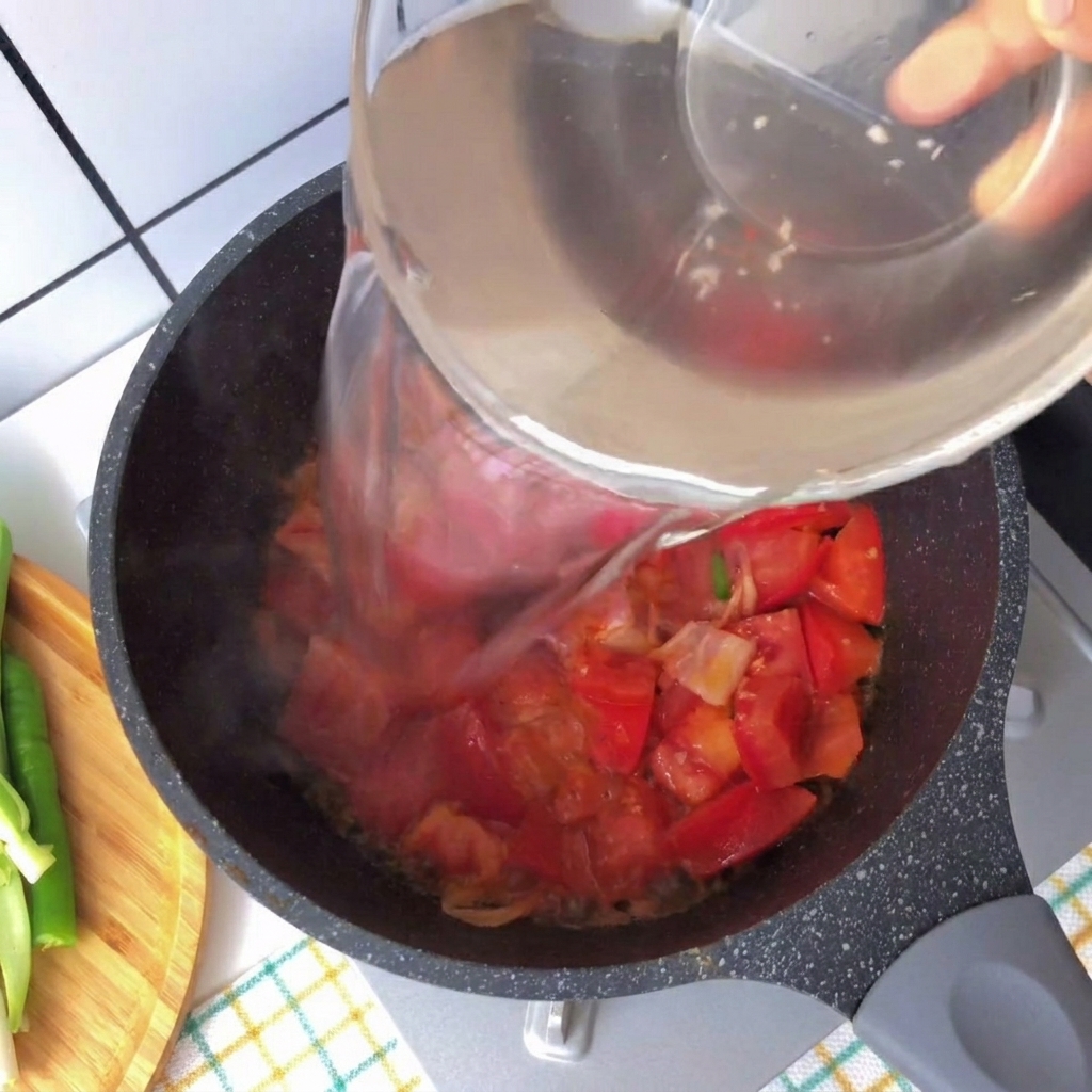 토마토와 베이컨이 담긴 냄비에 유리 그릇의 맑은 물을 붓는 모습.