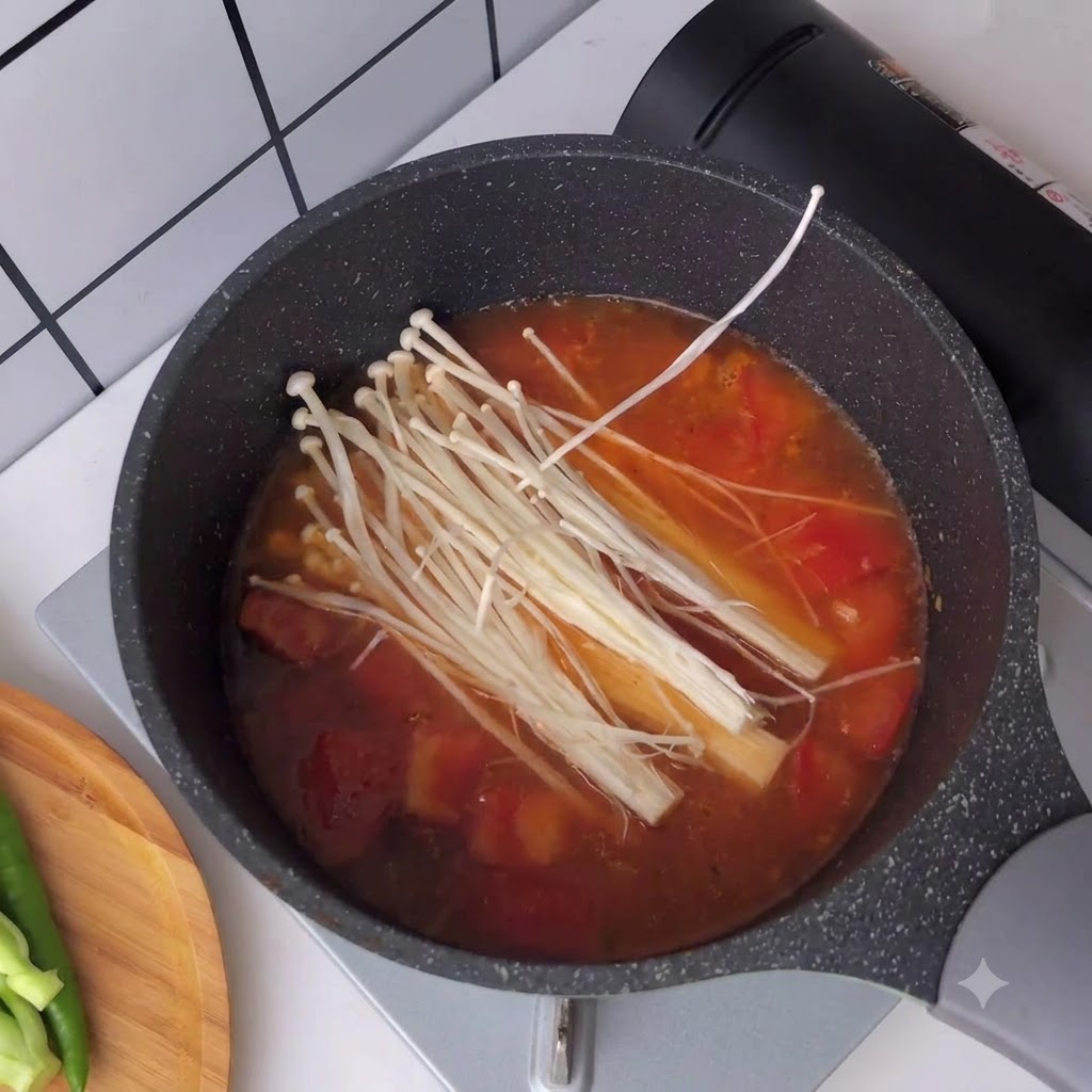 빨간 토마토 육수가 끓고 있는 냄비에 신선한 팽이버섯을 넣는 모습.