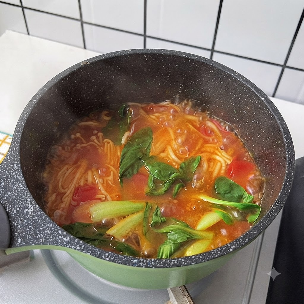 뜨거운 누들 수프 냄비 안에서 청경채 잎과 고수가 숨이 죽어가는 모습.