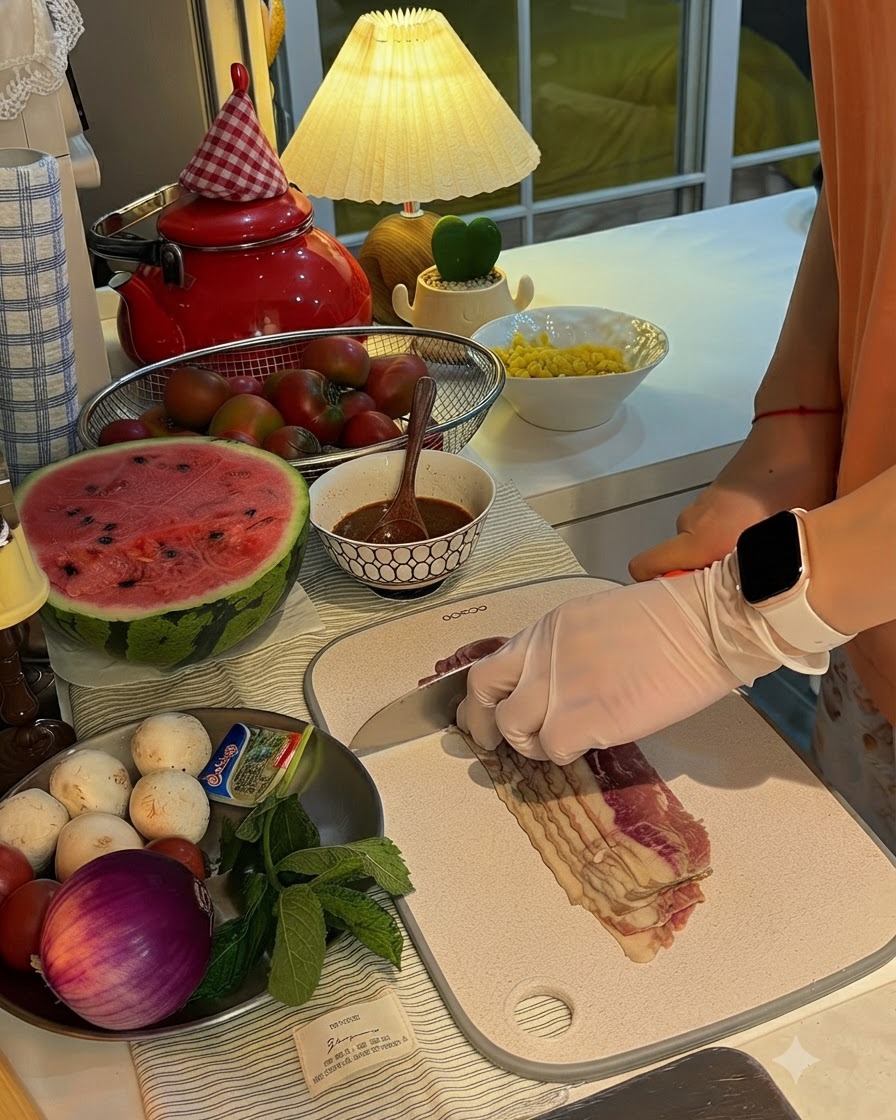 도마 위에서 칼로 베이컨 줄기를 먹기 좋은 크기로 썰고 있는 모습.