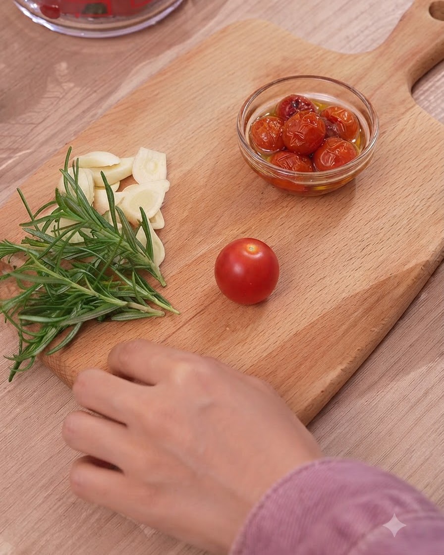 나무 도마 위에 신선한 방울토마토, 마늘, 로즈마리가 놓여 있고 그 옆에 양념된 토마토가 담긴 볼이 있는 모습.