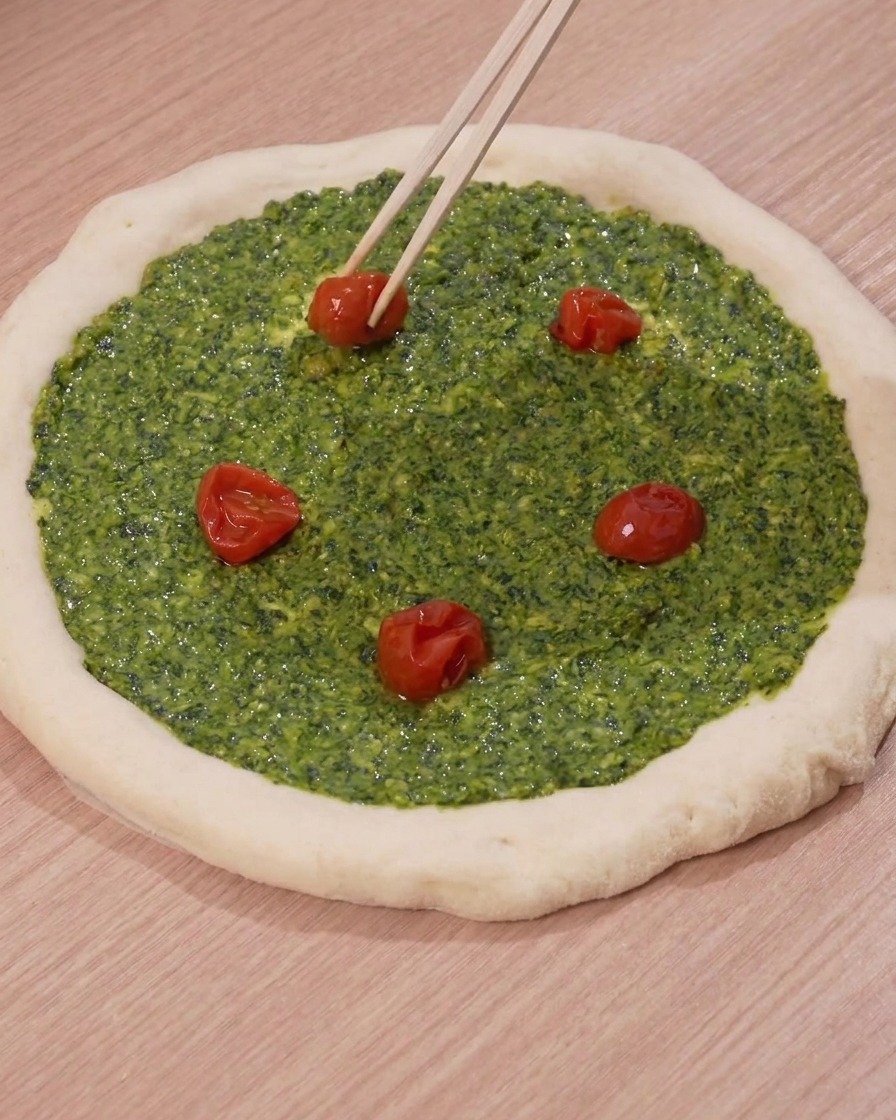 젓가락을 사용하여 구운 방울토마토 반쪽들을 페스토가 발려진 피자 반죽 위에 올리는 모습.