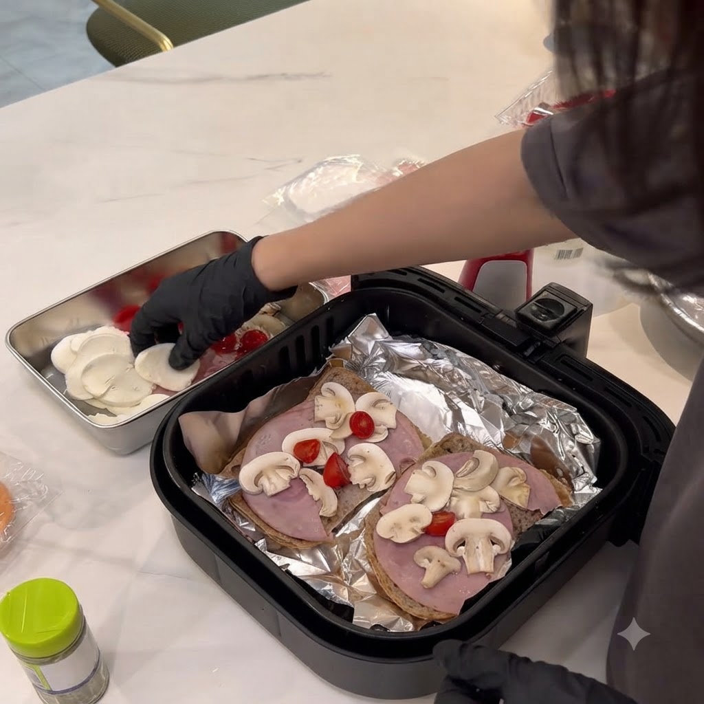 재료들이 쌓인 위에 반으로 자른 방울토마토를 얹는 모습.