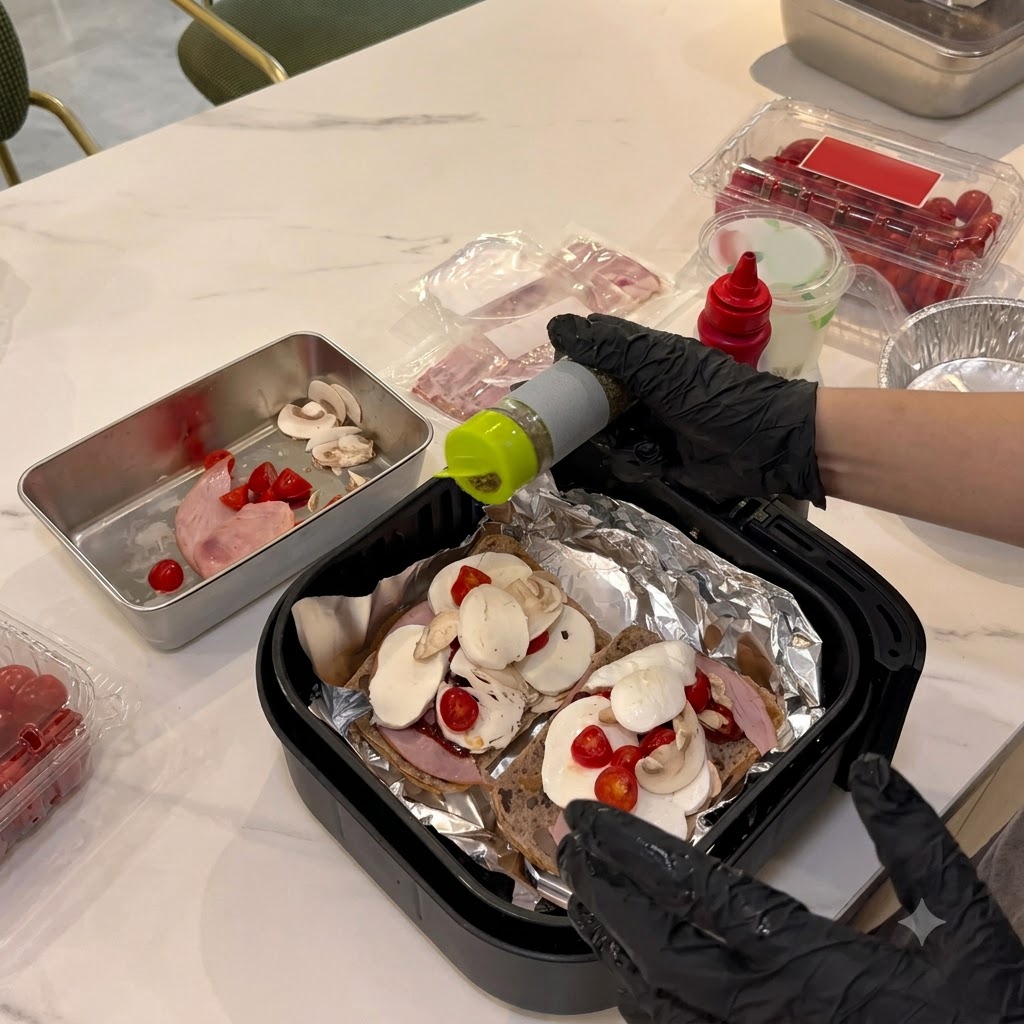 검은 장갑을 낀 손이 초록색 작은 용기에서 에어프라이어 속 샌드위치 피자 위로 말린 허브를 뿌리는 모습.