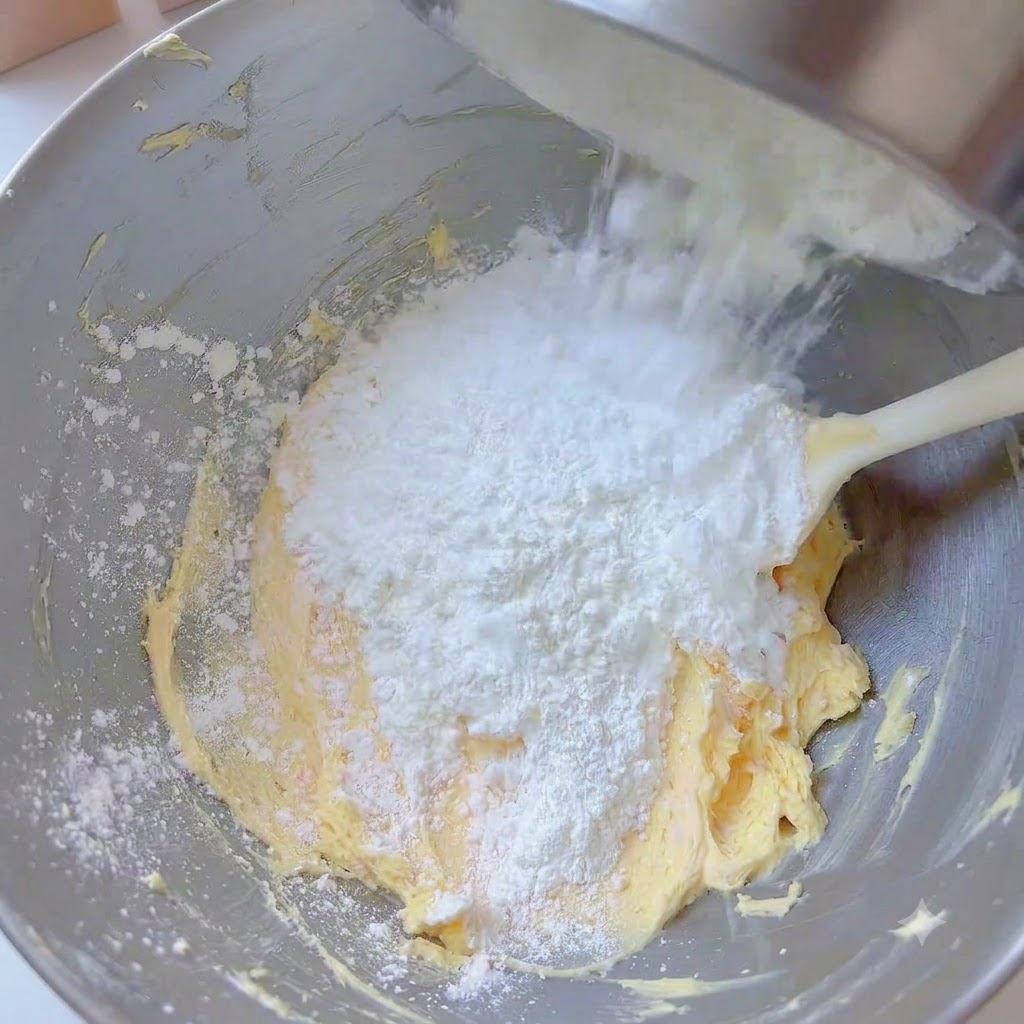 체에 쳐진 밀가루와 옥수수 전분을 버터 베이스가 담긴 믹싱 볼에 붓는 모습.