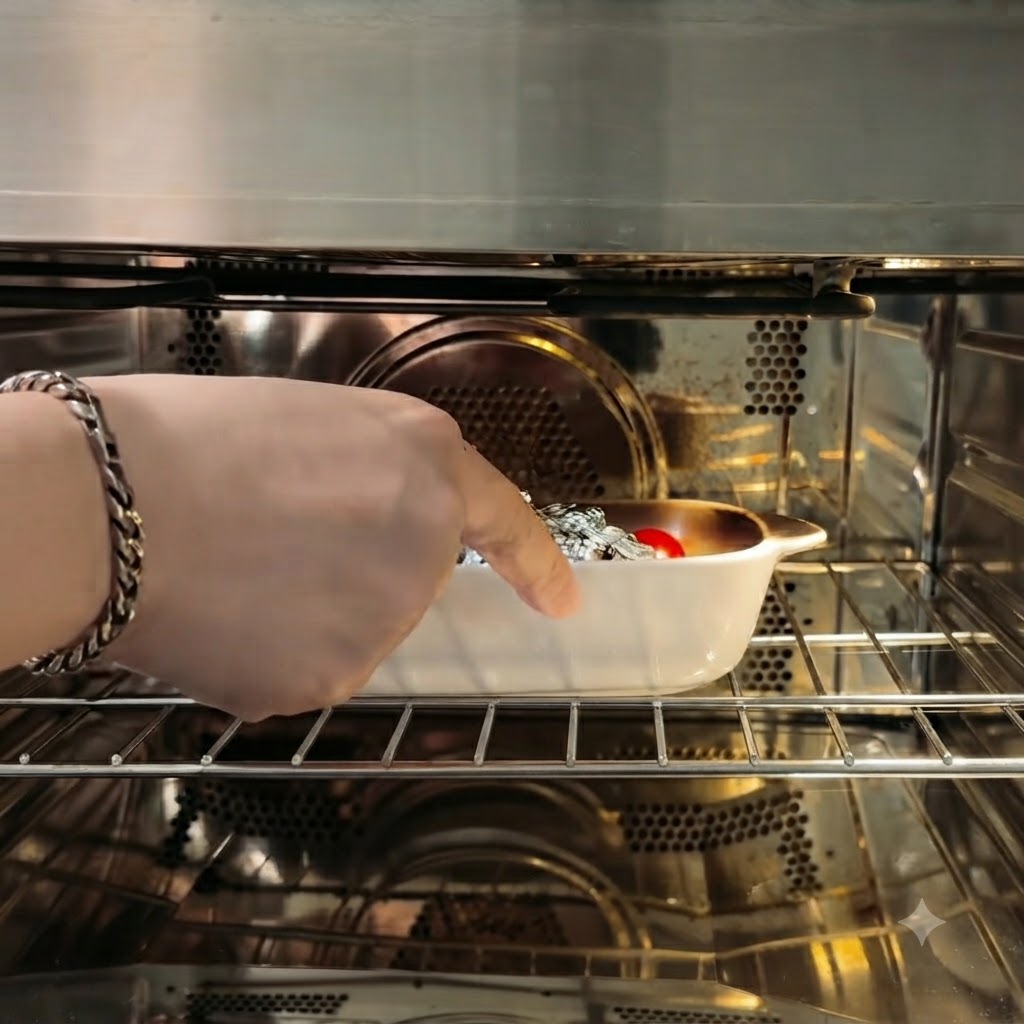 포일에 싼 마늘과 방울토마토가 담긴 하얀색 세라믹 오븐 용기를 오븐 선반에 넣는 모습.