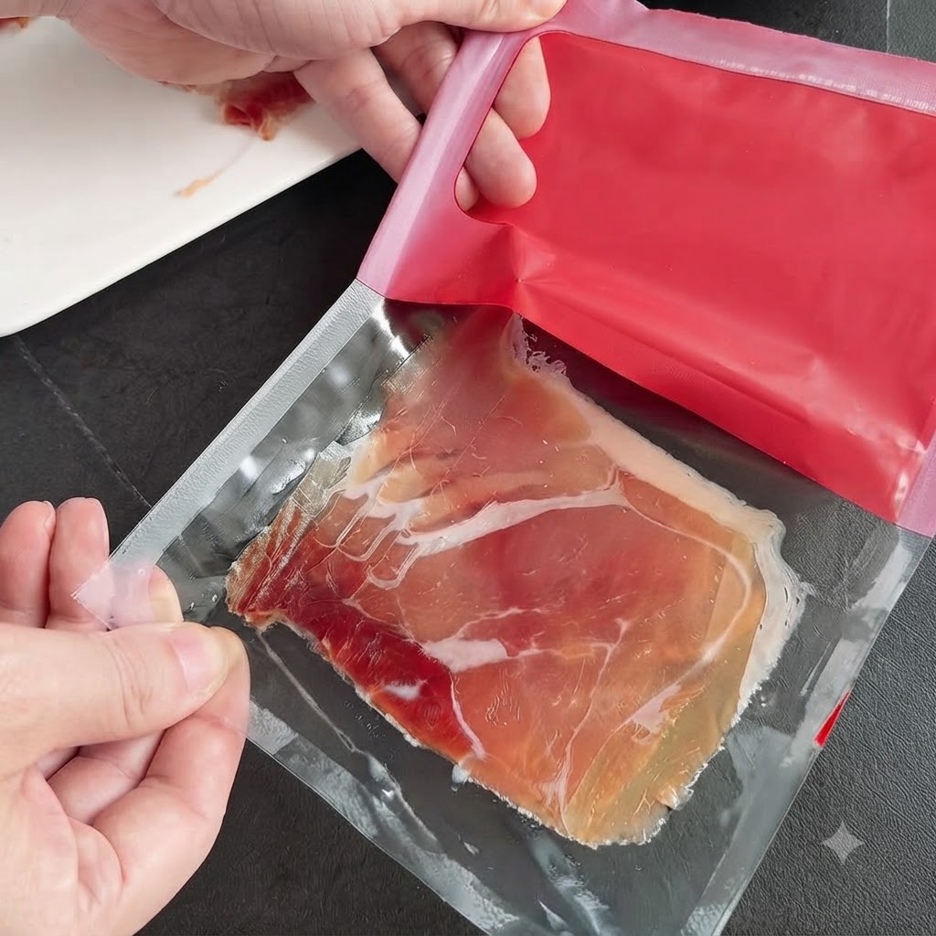 진공 포장된 건조 숙성 스페인 햄 슬라이스를 손으로 조심스럽게 여는 클로즈업 사진.