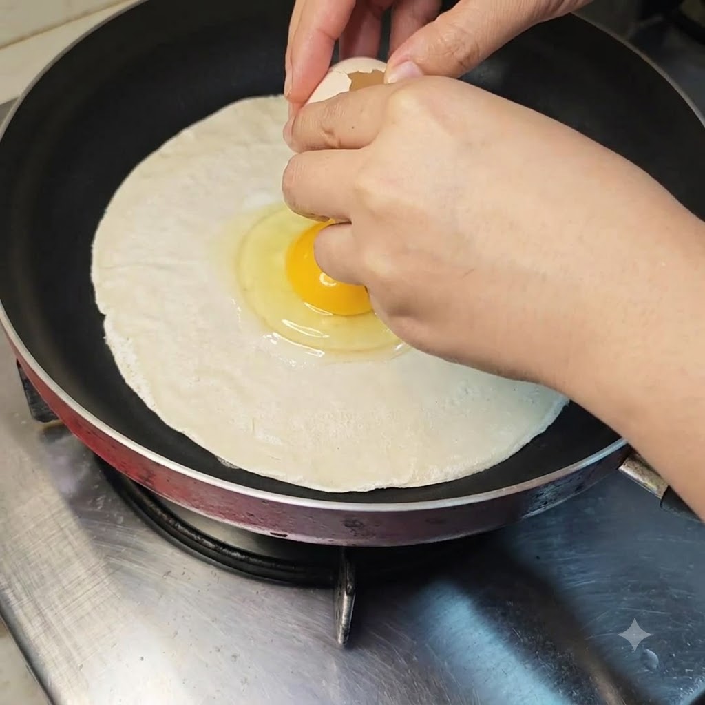 프라이팬에 놓인 익히지 않은 파전 중앙에 계란을 직접 깨뜨리는 모습.
