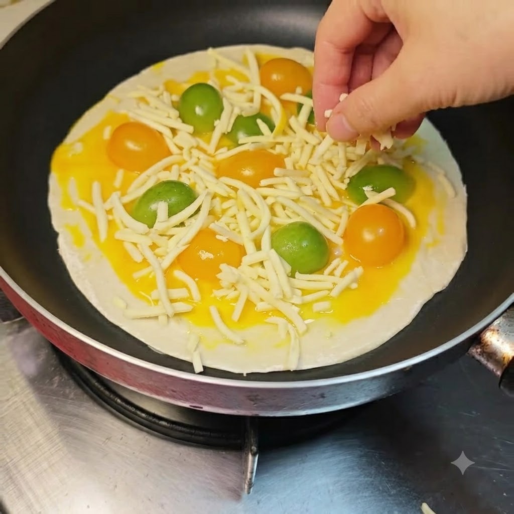 토마토와 계란 층 위에 모짜렐라 치즈를 듬뿍 뿌리는 모습.