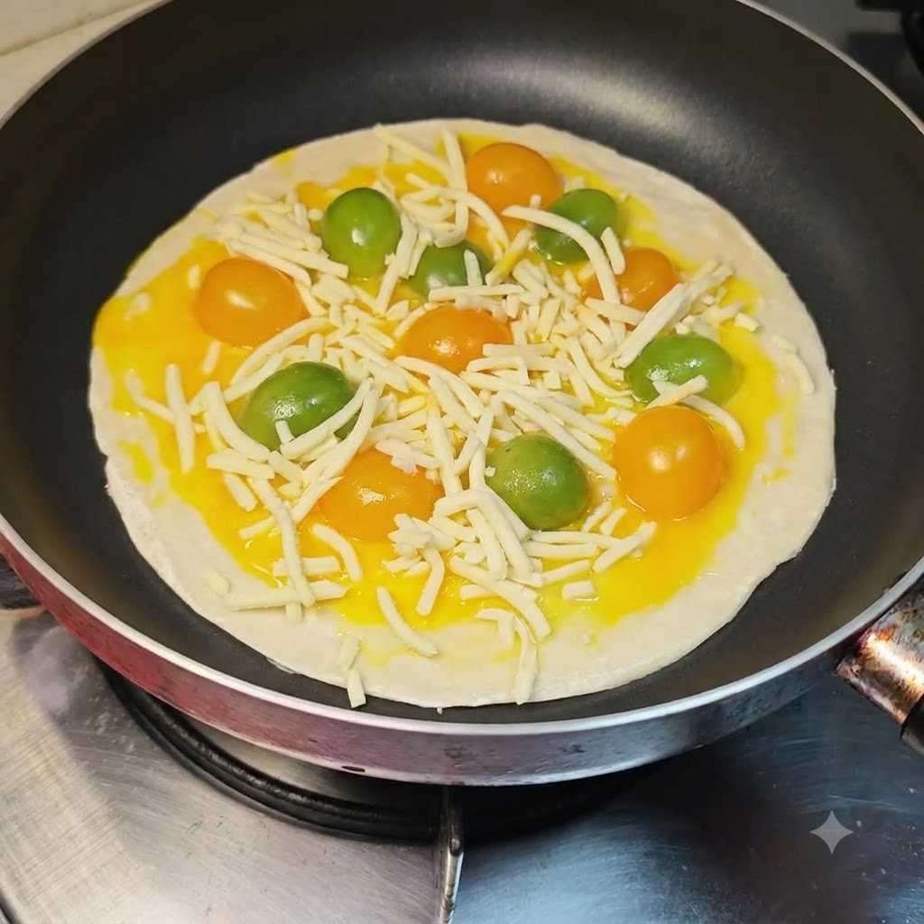 치즈와 토마토가 올려진 베이스 위에 지그재그 모양으로 케첩을 짜는 모습.