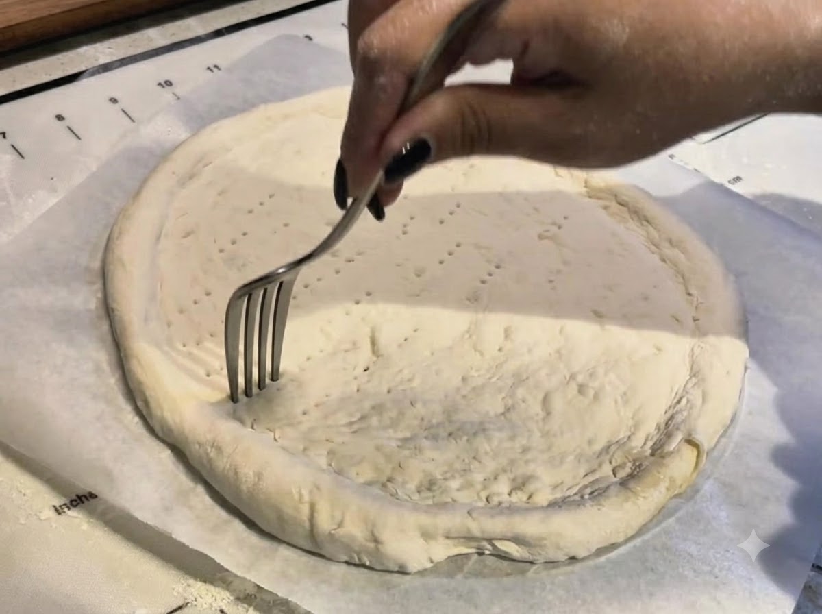 펼쳐진 피자 크러스트 중앙에 금속 포크로 작고 고르게 구멍을 뚫고 있는 손.