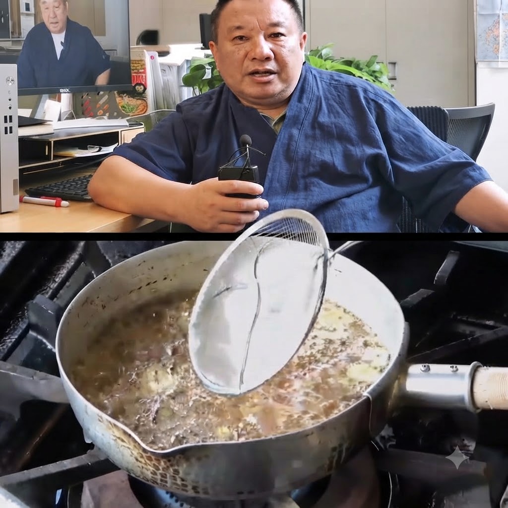 금속 냄비 안에서 끓는 오일 혼합물에 얇게 썬 마늘이 튀겨지고 있는 모습.