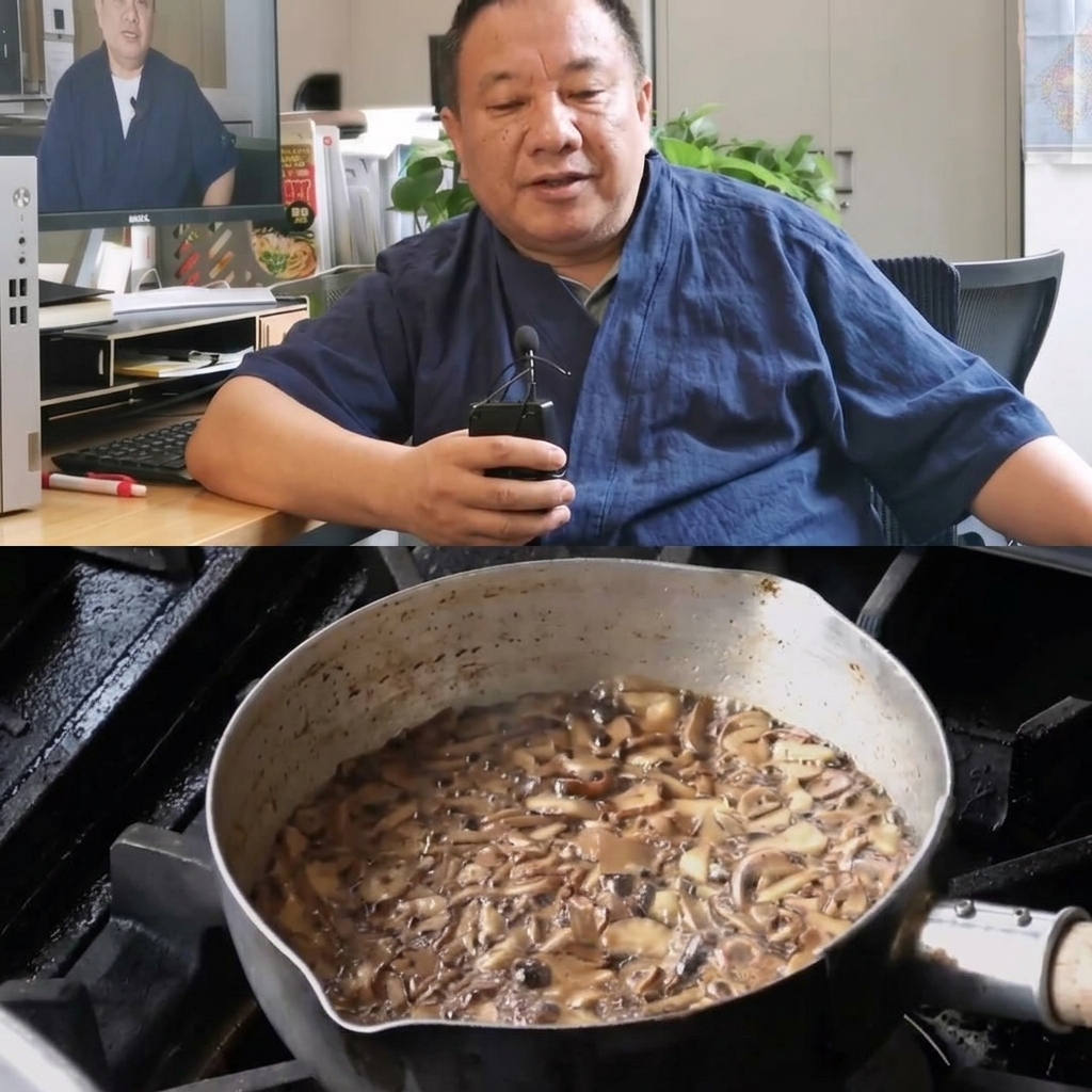 얇게 썬 마늘이 기름에 튀겨지고 있으며 진한 갈색으로 변한 부분을 거름망으로 건져내는 금속 냄비.