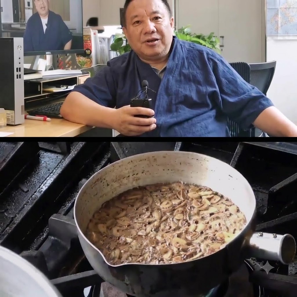 뜨거운 기름 냄비에서 완전히 검게 튀겨진 나머지 마늘 슬라이스들.