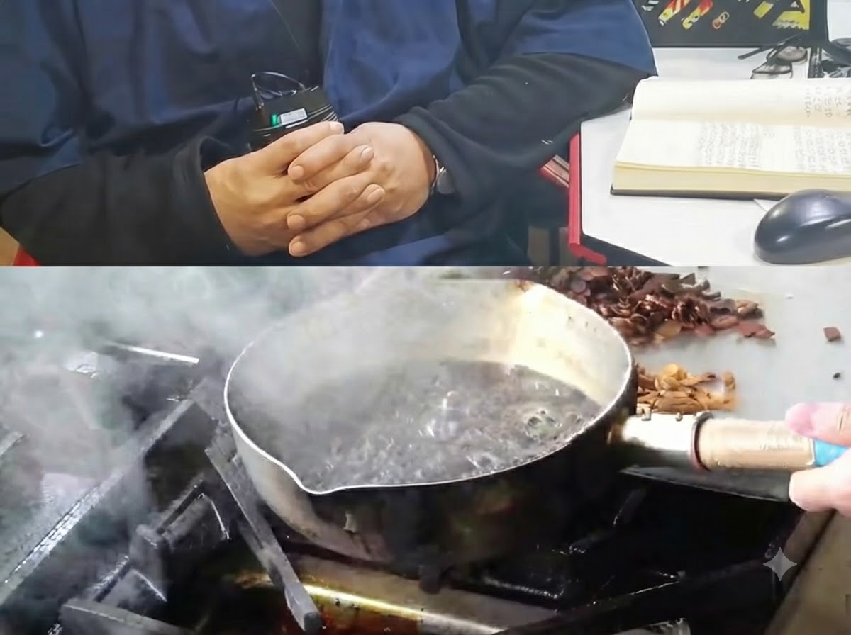 어둡게 끓는 기름 속에서 완전히 새까맣게 탄 마늘 슬라이스가 건져 올려지는 모습.