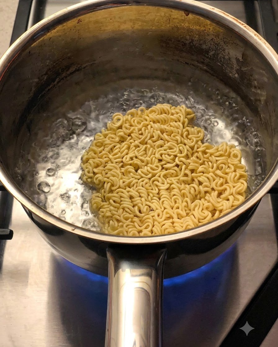 건조된 면 사리가 시즈닝과 건조 야채 후레이크가 흩뿌려진 냄비 안에서 끓고 있는 모습.