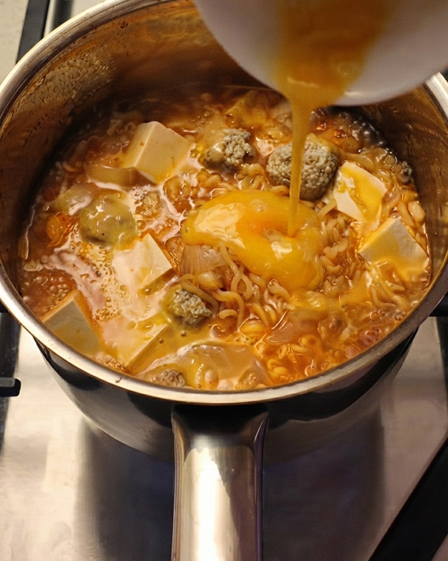 끓고 있는 면과 계란탕 위에 송송 썬 대파가 흩뿌려지고 있는 모습.