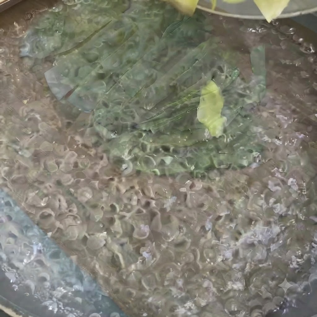 끓는 물 냄비에서 데쳐지고 있는 채 썬 양배추와 무.