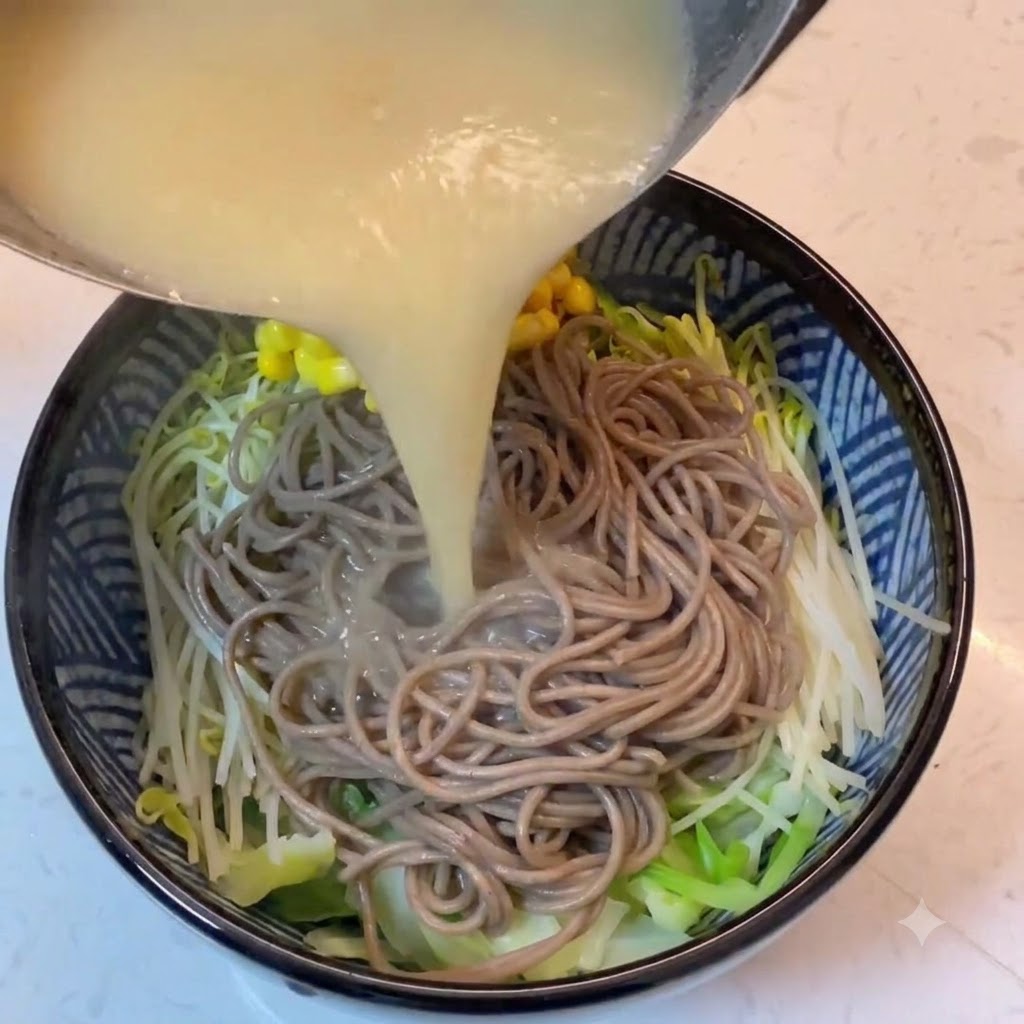면과 채소가 담긴 그릇에 냄비에서 부어지는 뜨거운 백된장 육수와 노란 옥수수 알갱이.